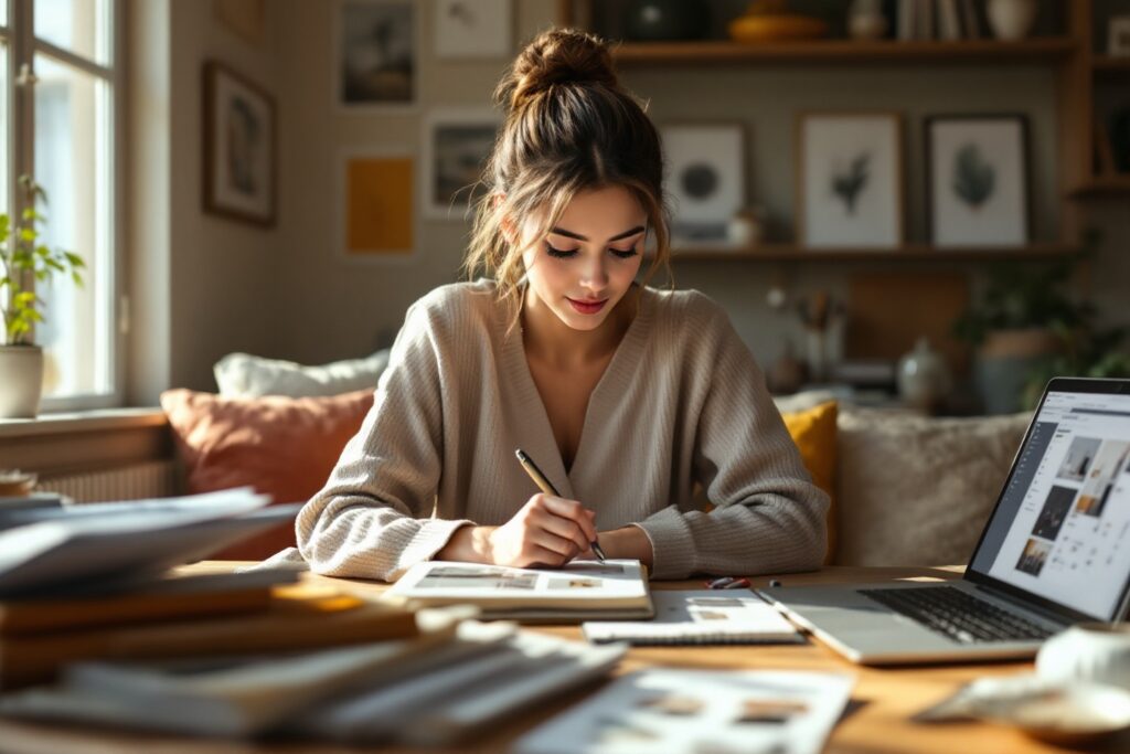 Mujer joven aprendiendo cómo empezar el diseño de interiores y convertirse en diseñador de interiores sin experiencia.