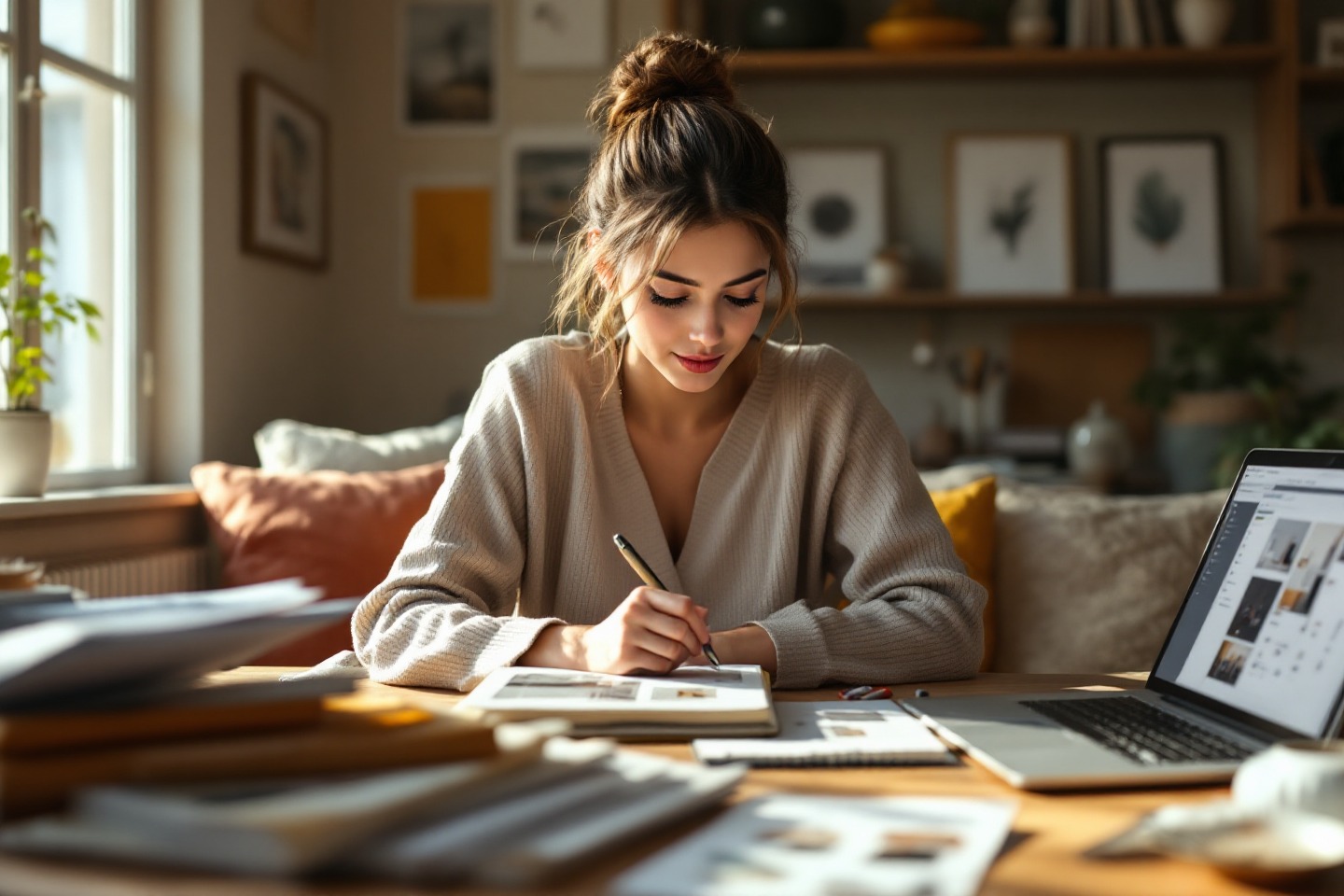 Mujer joven aprendiendo cómo empezar el diseño de interiores y convertirse en diseñador de interiores sin experiencia.