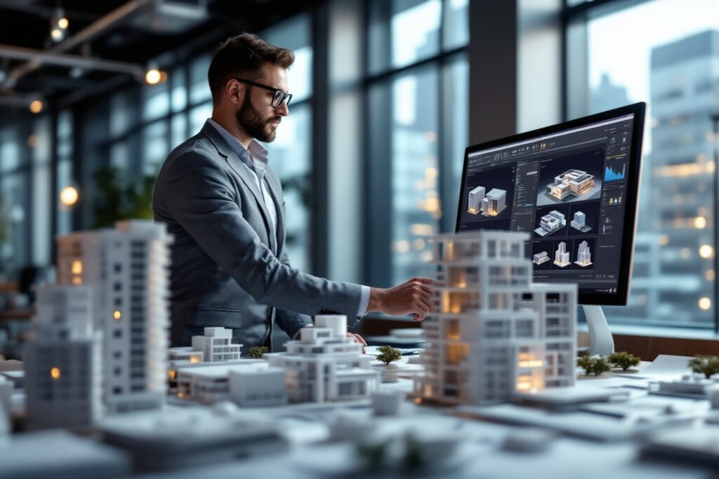 Profesional utilizando software de modelado 3D para un proyecto de arquitectura 3D trabajo.